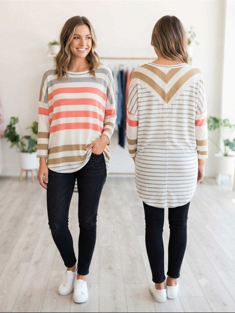 My Story Coral, Beige & Gray Striped Tunic